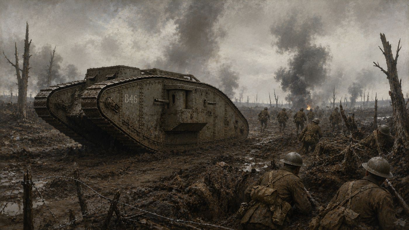An early World War I tank crossing a muddy battlefield, the steel vehicle moving through a cratered landscape of barbed wire and destroyed terrain