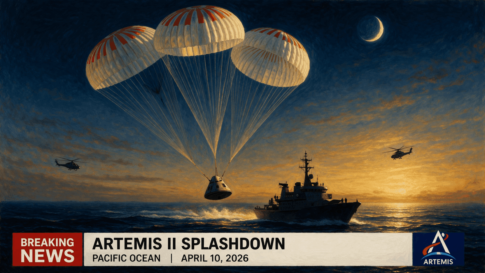 The Orion spacecraft descending under parachutes toward splashdown in the Pacific Ocean off San Diego