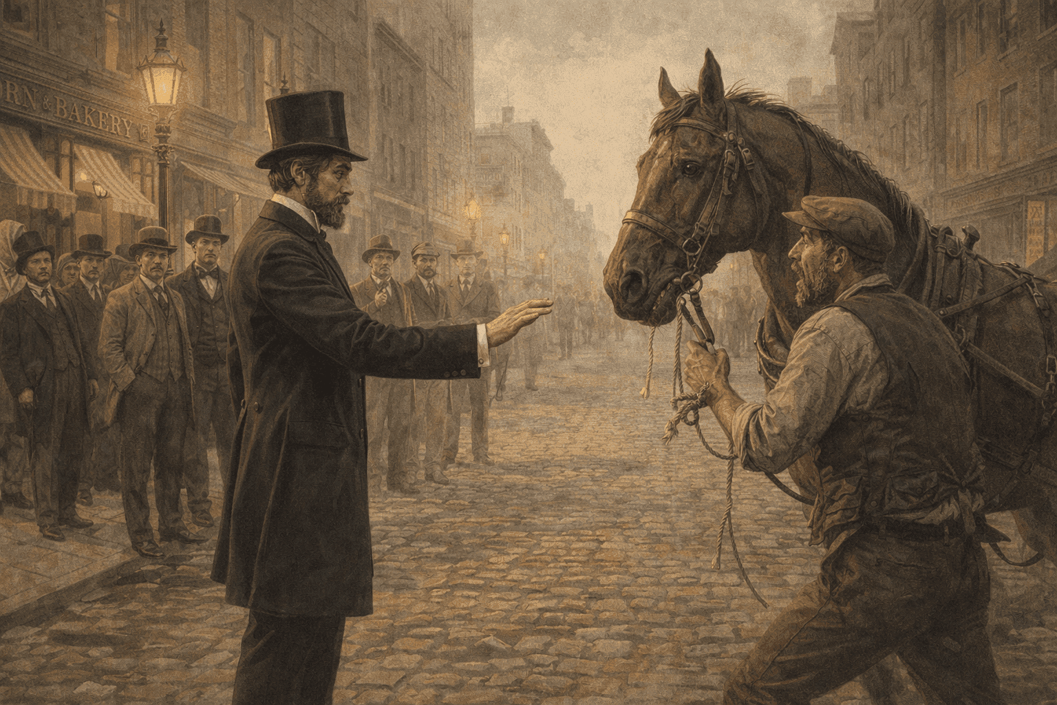 A well-dressed 19th-century reformer intervening on a crowded New York City street to protect a draft horse from mistreatment