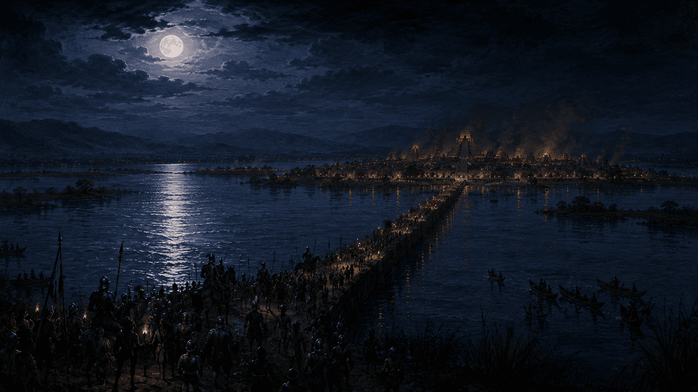 A moonlit lake in central Mexico with a long stone causeway stretching across the water toward a distant island city glowing with firelight