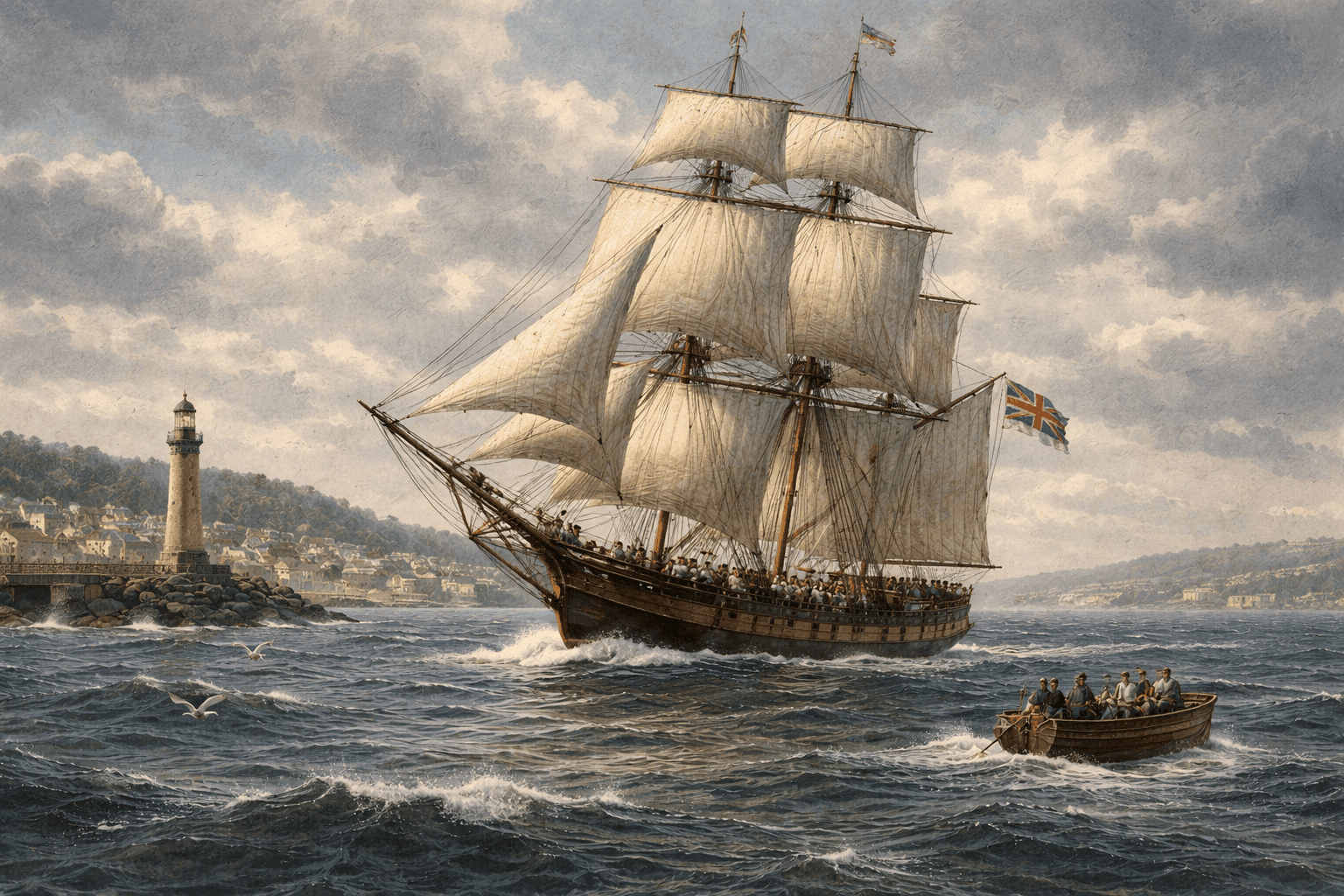 HMS Beagle sailing ship departing Plymouth harbor in 1831 with Charles Darwin aboard, capturing the beginning of the historic voyage