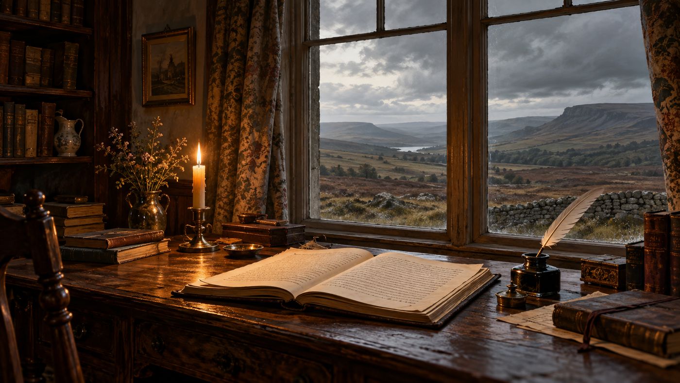 A painterly illustration of a Victorian writing room in the English countryside — a modest wooden desk by a tall window overlooking grey moors, an open manuscript, a quill pen, and a single candle casting warm light across the page
