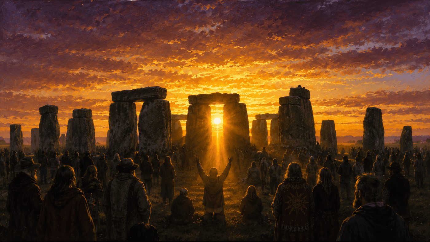 The summer solstice sunrise sending golden light through the ancient stones of Stonehenge at dawn