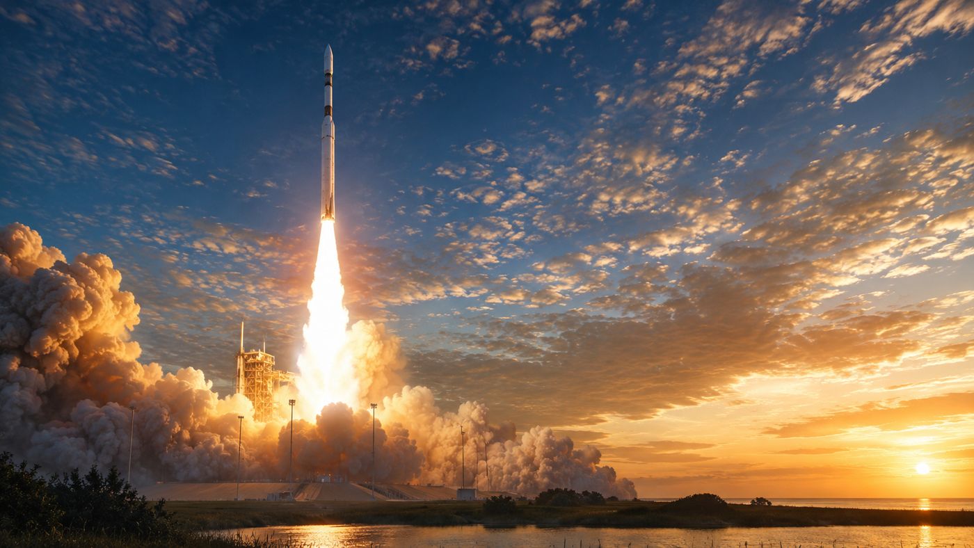 A Titan rocket launching from Cape Canaveral at dawn, a column of fire and smoke rising above the launch pad against an orange and blue sky