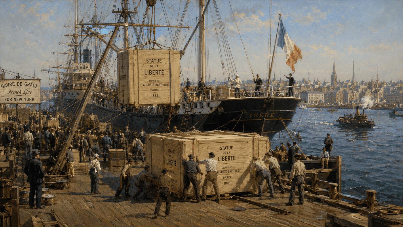 A 19th century harbor scene with a tall ship unloading large wooden crates at a busy New York dock
