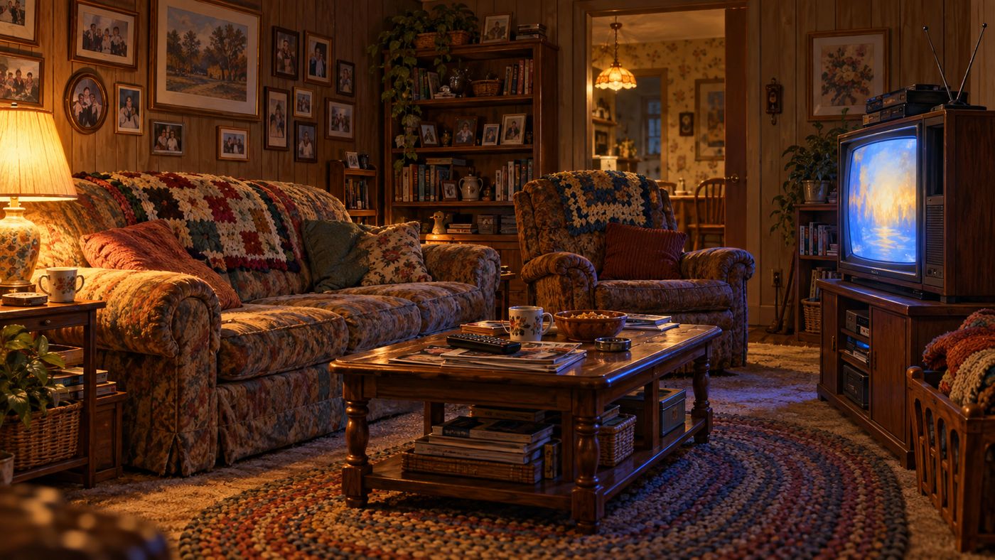 A painterly illustration of a modest working-class American home interior in the late 1980s — a lived-in living room with a worn couch, a cluttered coffee table, family photos on the walls, and the warm glow of a television in the corner