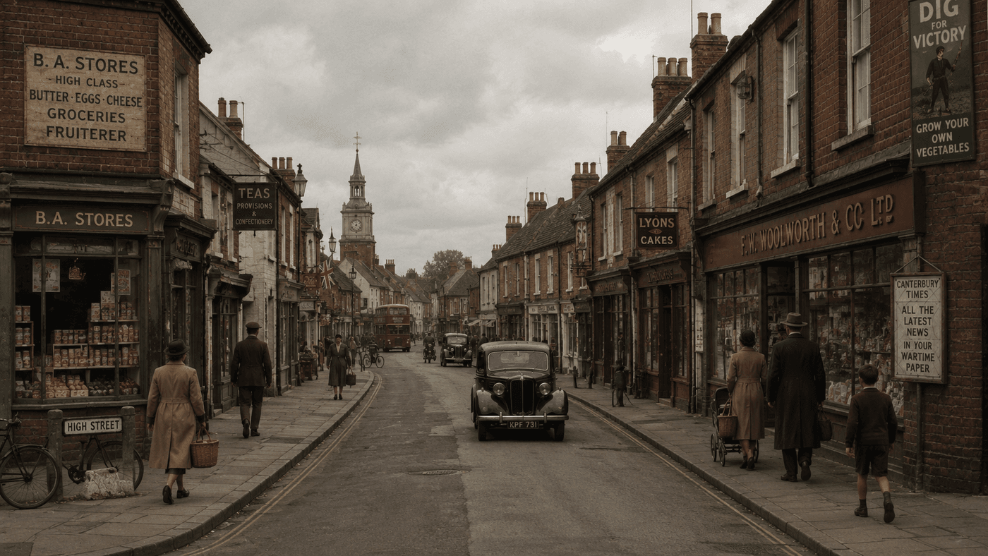 A modest English market town high street in the 1940s, brick shopfronts and terraced houses lining a quiet road under a gray wartime sky