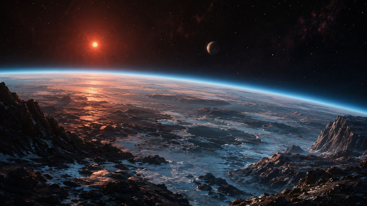 An artist's rendering of the rocky exoplanet LHS 1140 b, showing its blue-grey surface and thin atmospheric halo against the backdrop of its red dwarf star