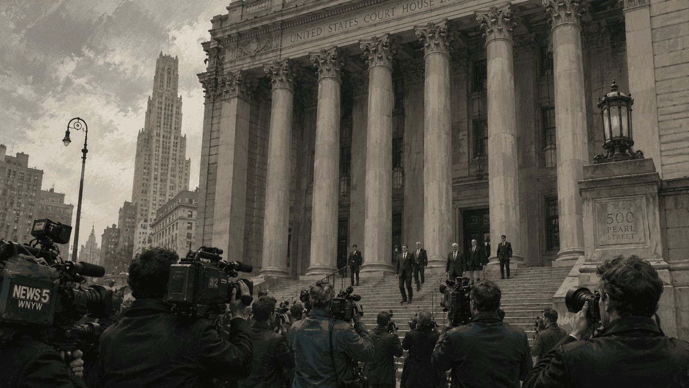 A 1990s federal courthouse exterior with news cameras and reporters gathered on the steps beneath grey skies