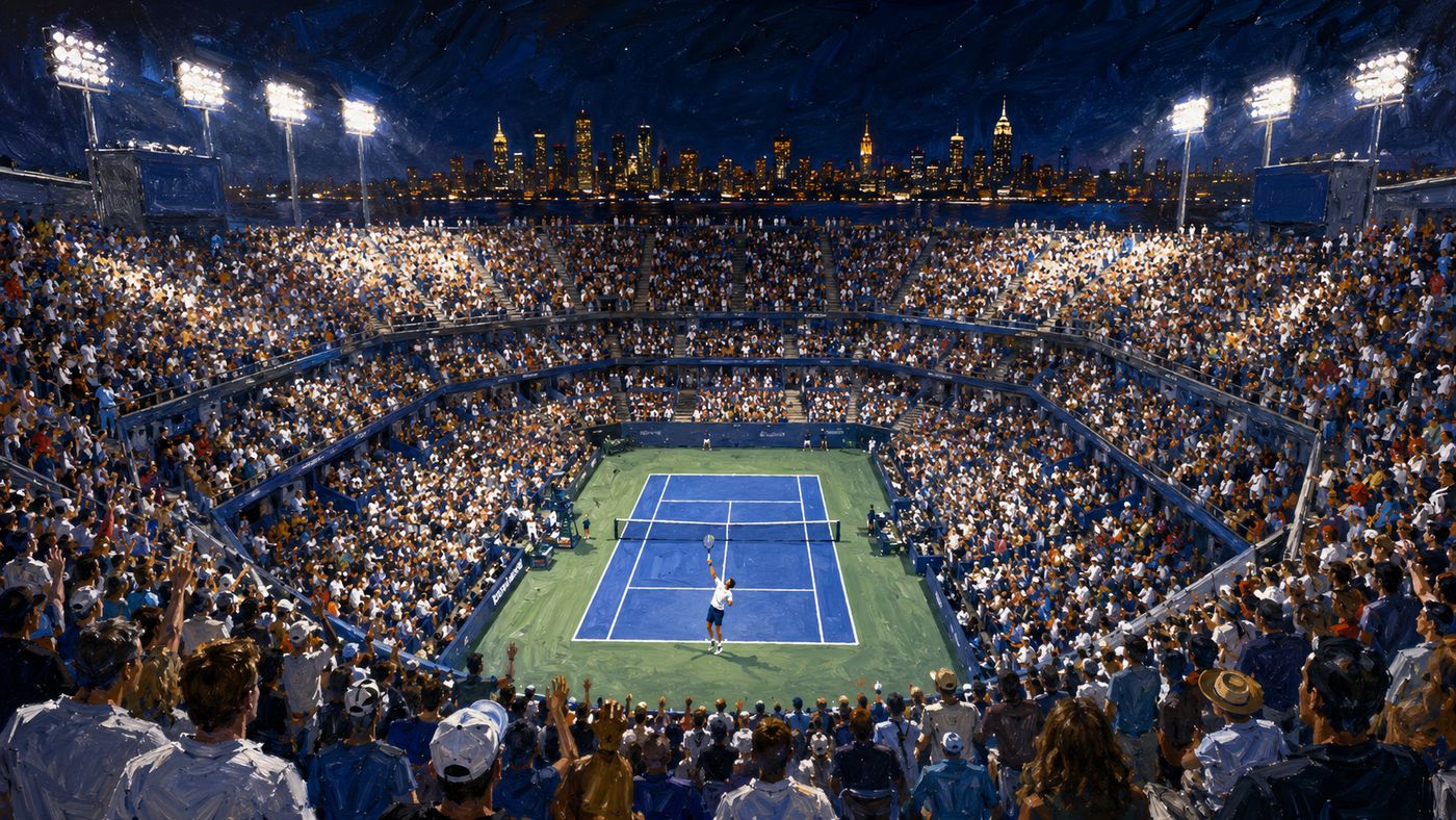 Arthur Ashe Stadium at Flushing Meadows packed for a night session at the U.S. Open, the blue hardcourt blazing under the lights