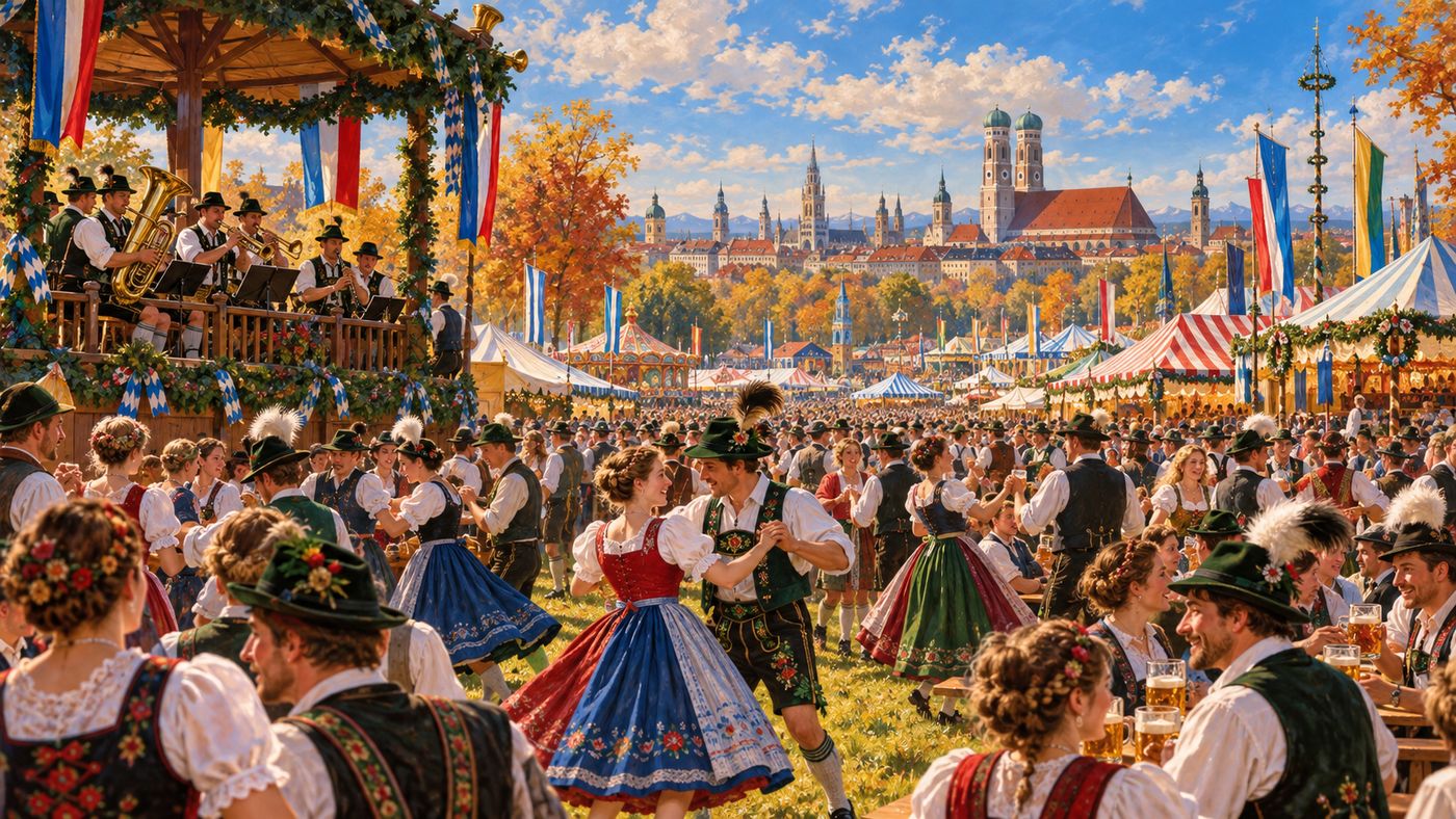 A painterly illustration of a 19th-century Bavarian outdoor festival — a wide meadow filled with crowds in traditional dress, colorful tents and banners, a brass band performing on a wooden stage, the spires of Munich visible in the distance
