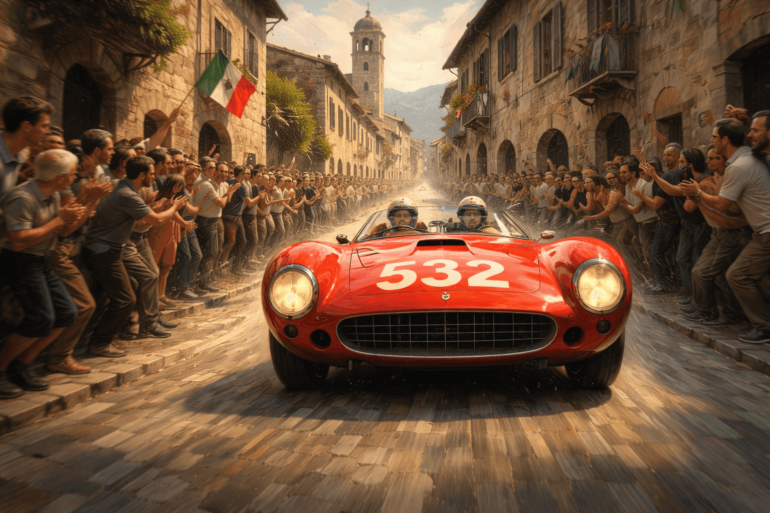 A vintage Ferrari racing car speeding through a narrow Italian village street lined with cheering spectators in the 1950s