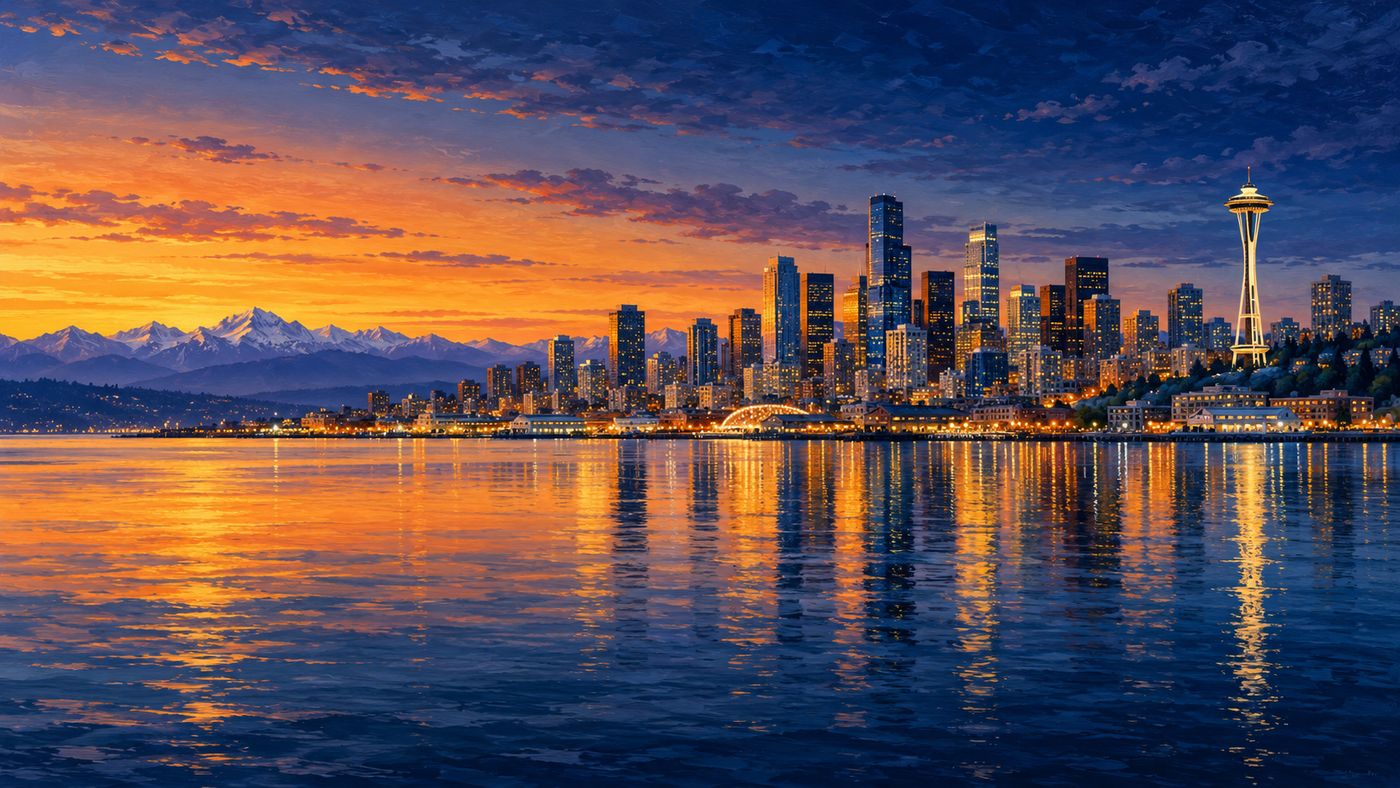 A painterly illustration of the Seattle skyline at dusk seen from across Elliott Bay — the Space Needle and downtown towers reflected in the still water, the Olympic Mountains faintly visible on the horizon, warm amber light fading to indigo above