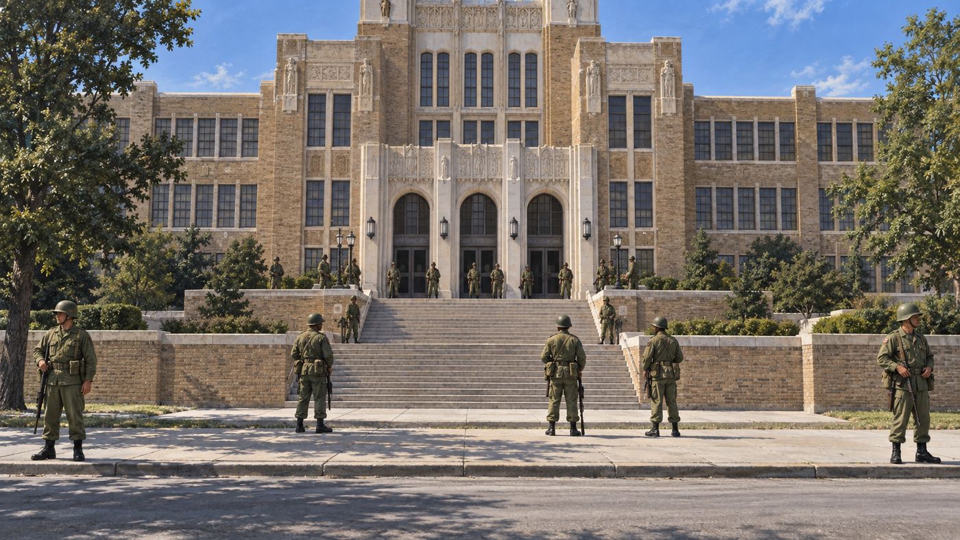 The exterior of a large American high school in the 1950s, federal soldiers visible on the steps and surrounding grounds, the building's institutional facade under a September sky