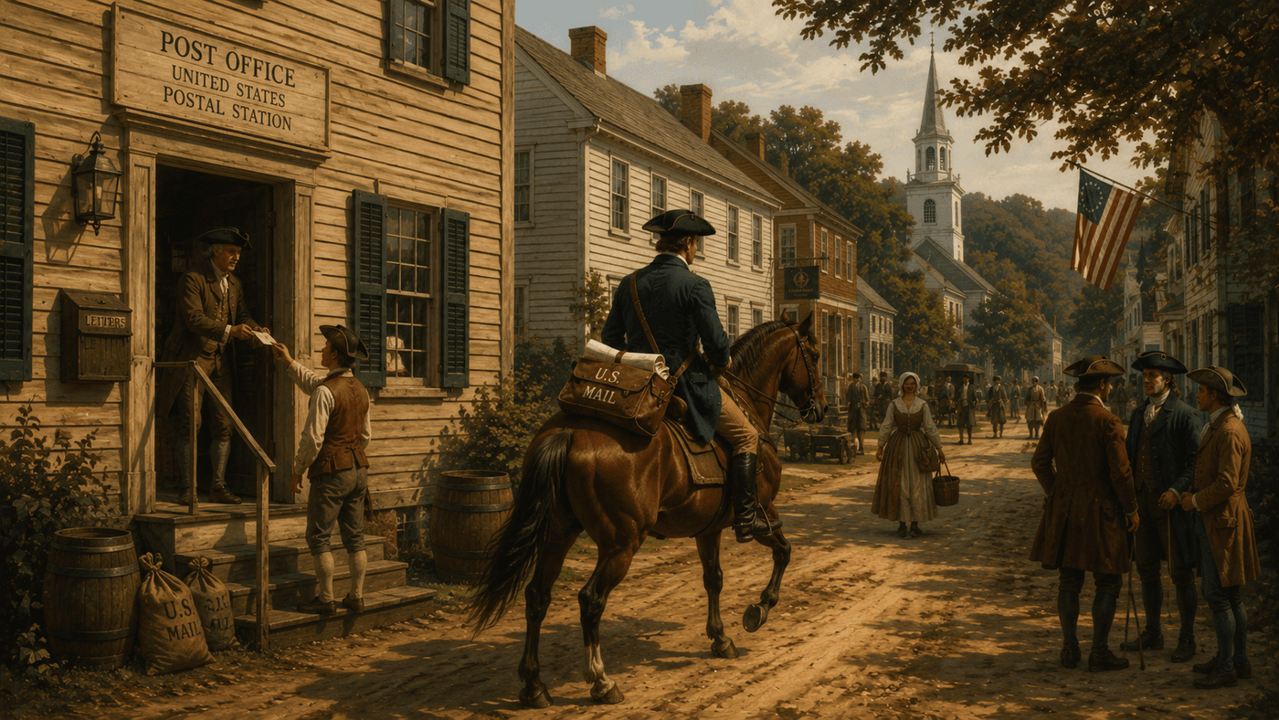 A colonial-era American post office with a rider on horseback departing through a small town, other riders and townspeople visible on a dirt main street
