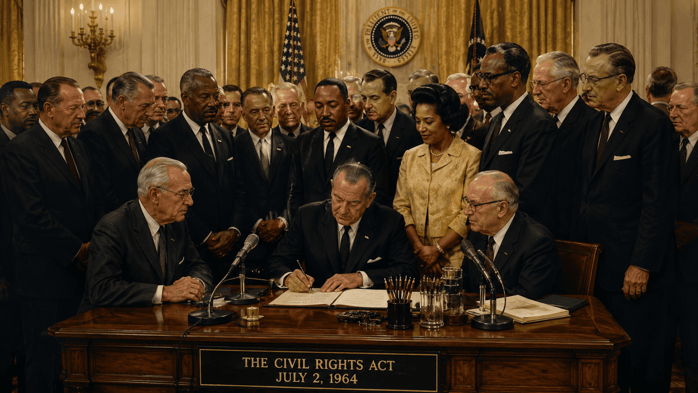 President Johnson signing the Civil Rights Act of 1964, surrounded by congressional leaders and civil rights advocates
