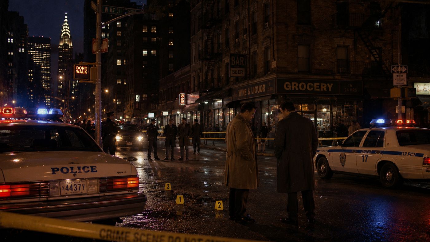 A New York City street crime scene at night, police cars with flashing lights visible, detectives examining the area, the urban nightscape of 1990s Manhattan