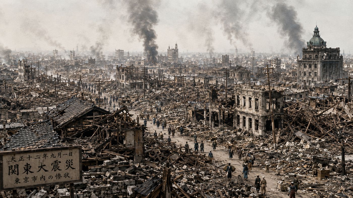 The ruins of Tokyo in 1923 after the Great Kanto Earthquake, collapsed and burned buildings visible across a wide cityscape under a hazy sky