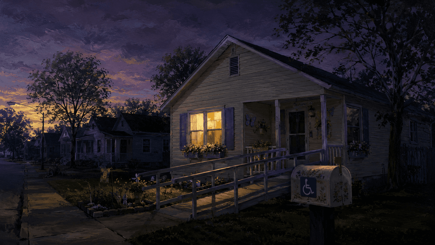 A quiet suburban Missouri street at dusk, suggesting isolation and hidden secrets