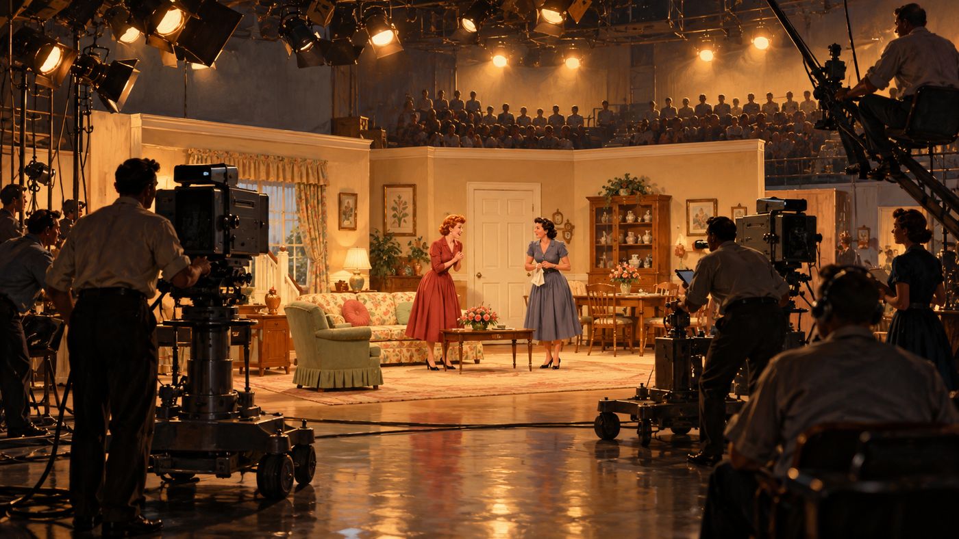 A painterly illustration of a 1950s television studio production in progress — stage lights blazing over a domestic living room set, cameras on dollies in the foreground, a studio audience visible beyond the set walls