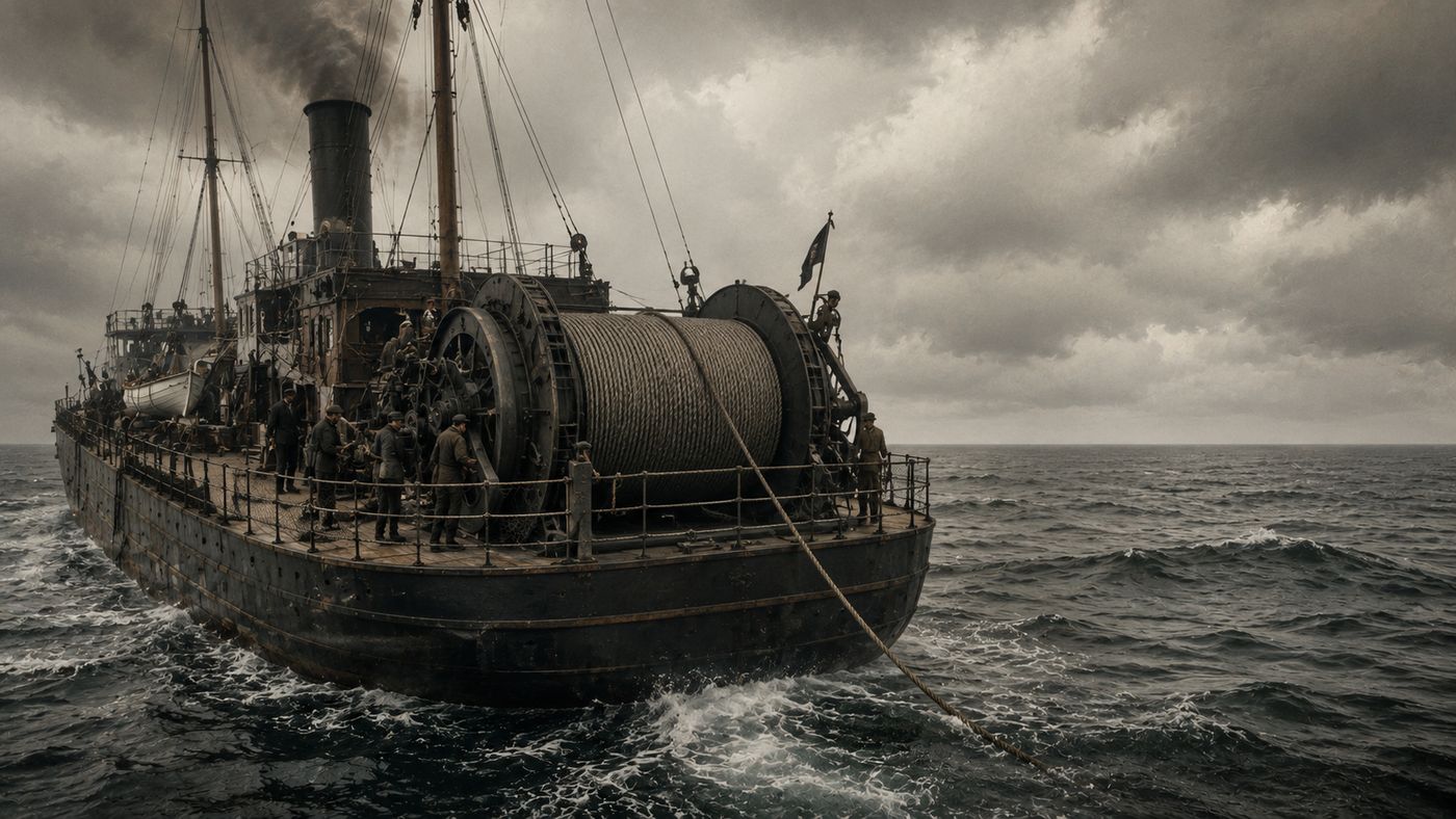 A Victorian-era ship on the open Atlantic paying out a thick cable from a massive reel on its deck into the dark ocean below