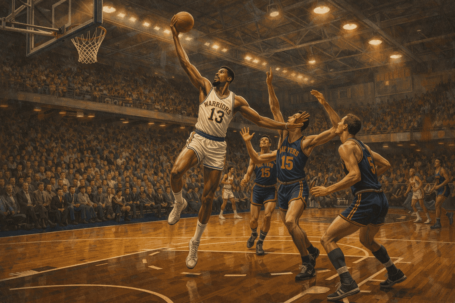 Historical illustration of 1960s basketball arena with player dominating the court under bright lights