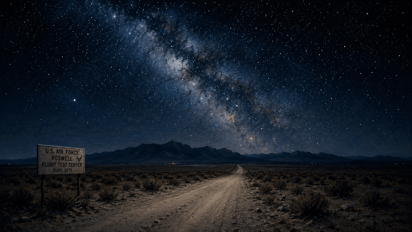 A vast New Mexico desert landscape at night under a star-filled sky, a single dirt road disappearing toward a distant mountain range