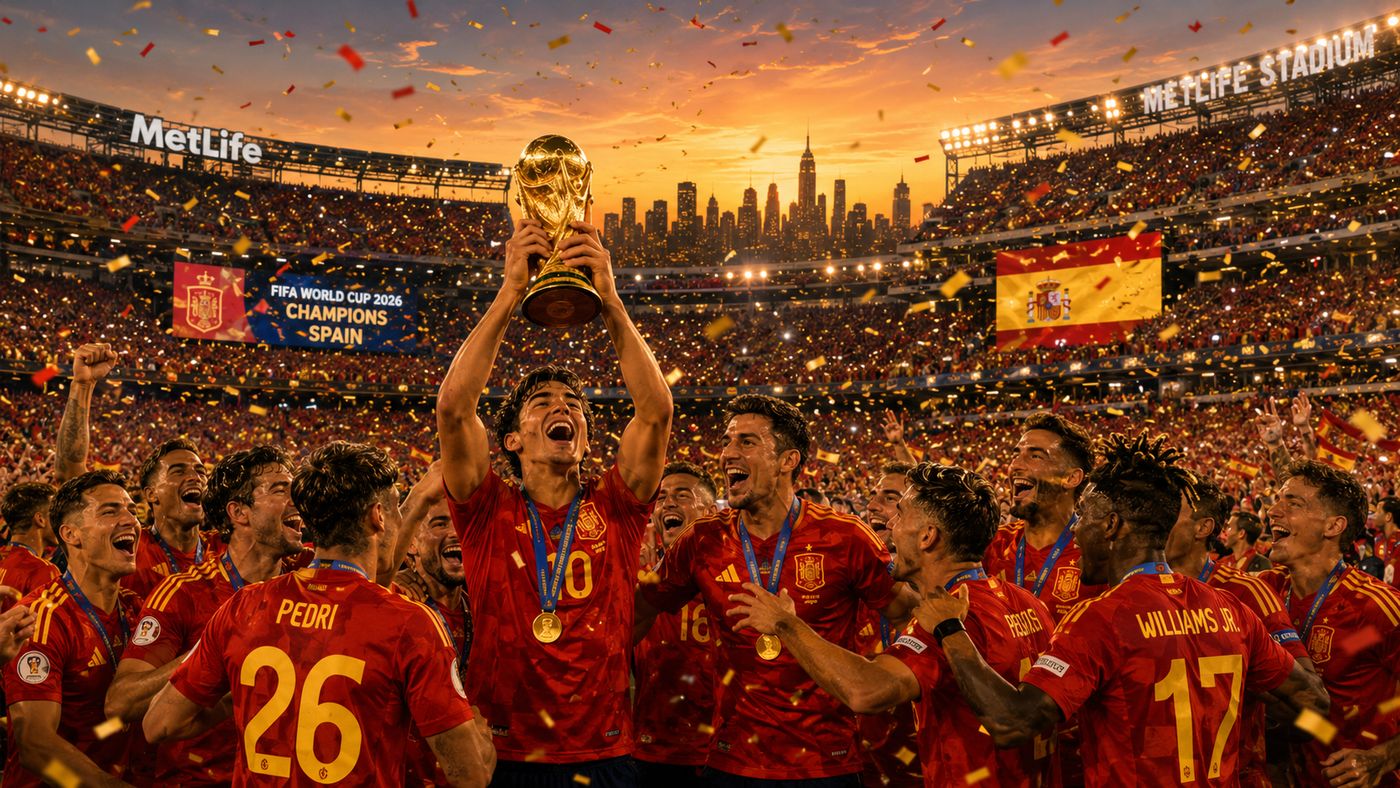 Spain players celebrating their 2026 World Cup championship at MetLife Stadium, the trophy raised above their heads against the New Jersey sky