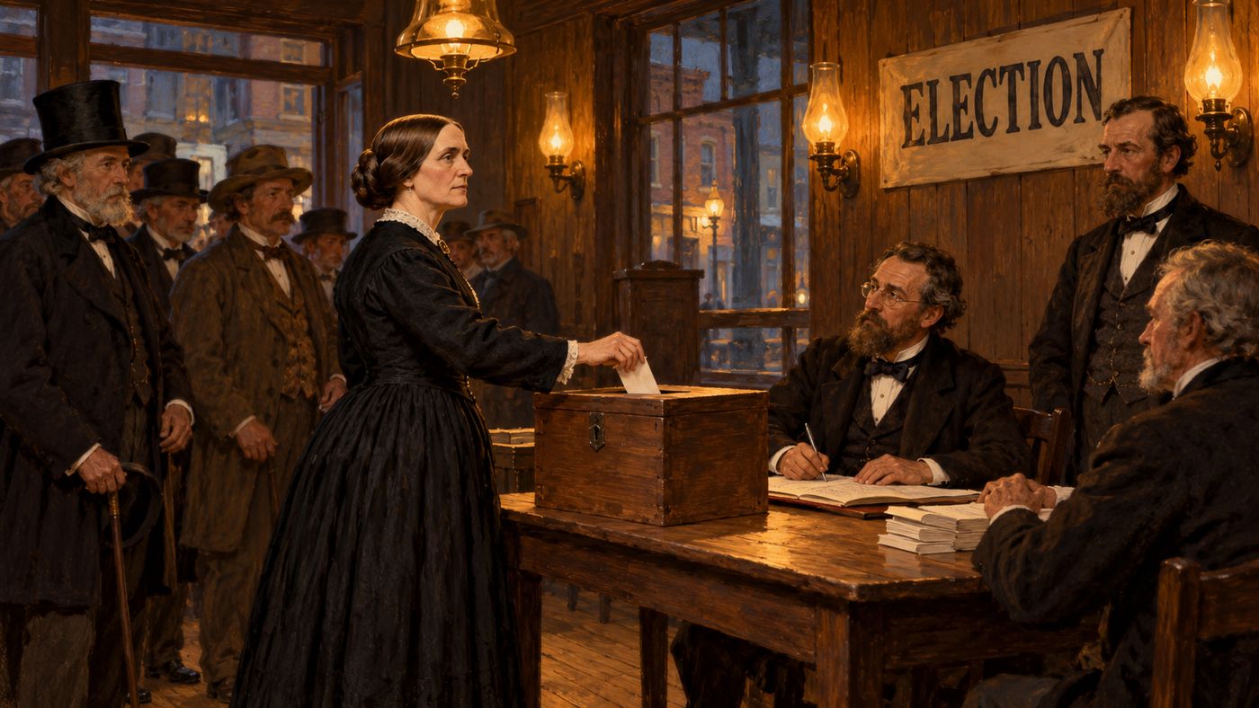 A painterly illustration of a 19th-century American polling place inside a modest storefront — men in period dress at a wooden ballot box, the interior of a small commercial building repurposed for election day, gas lamps providing warm light