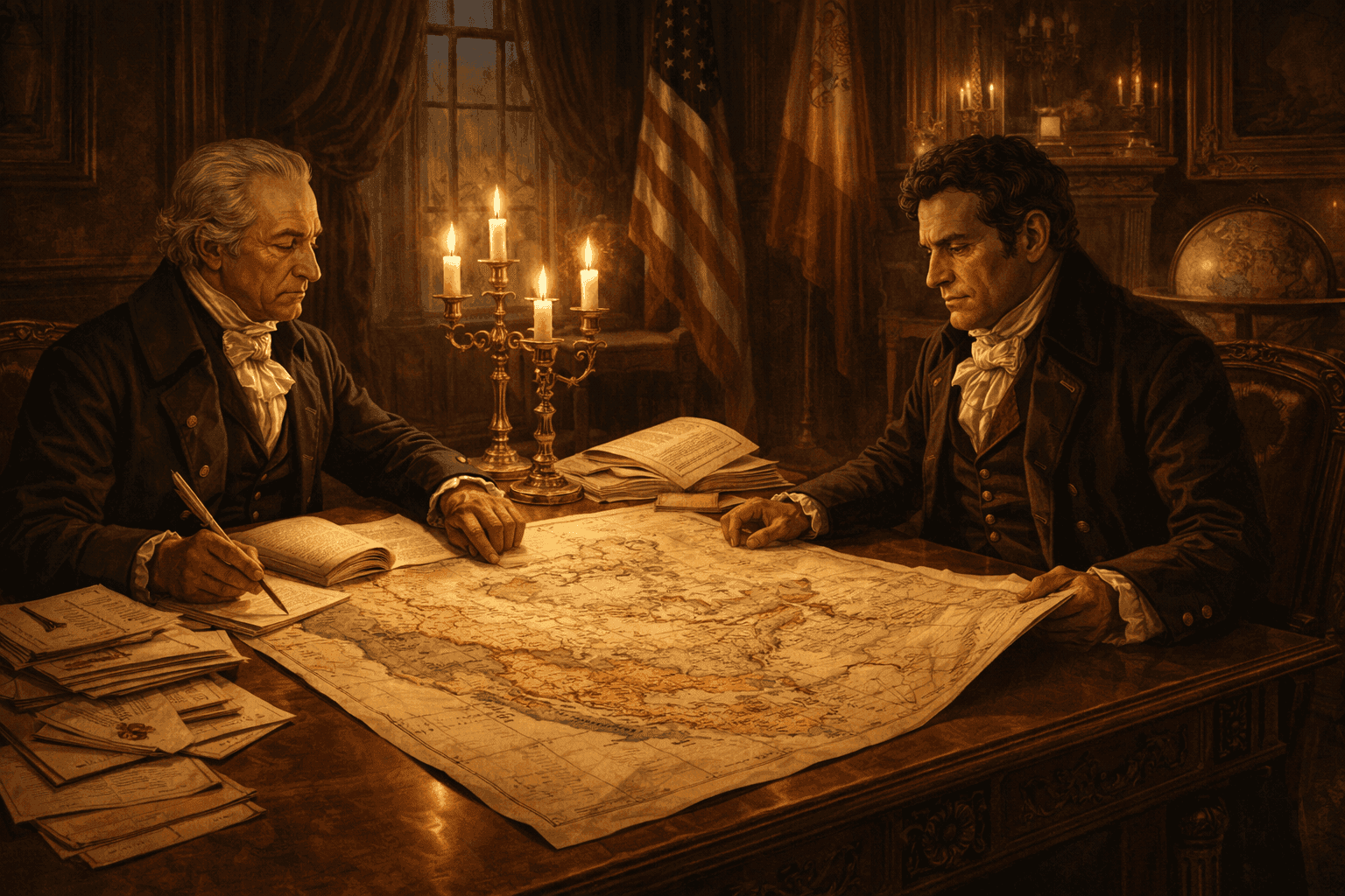 Historical illustration of diplomatic negotiations in an early 19th century chamber with maps and documents