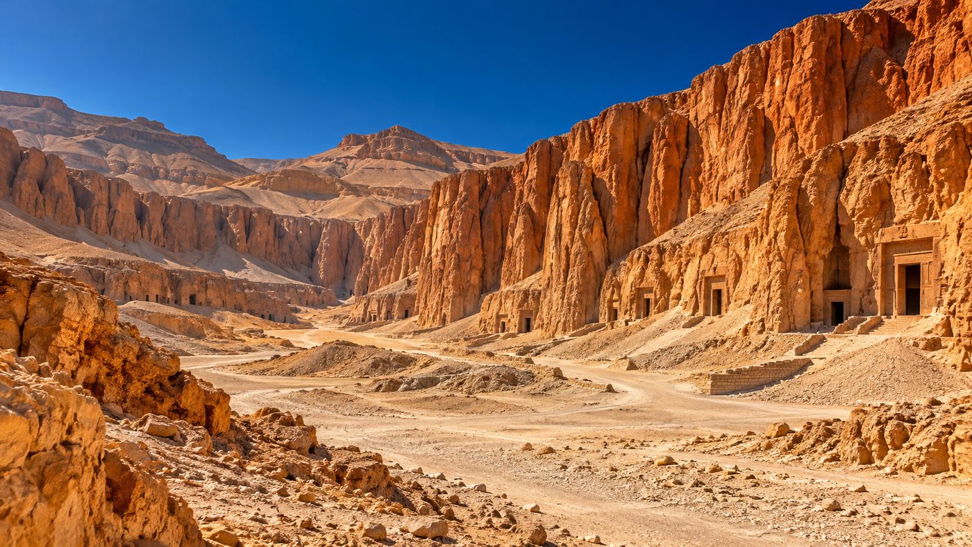 A painterly illustration of the Valley of the Kings in Egypt — the dramatic ochre limestone cliffs rising above the dry valley floor, the entrances to ancient tombs visible in the rock face, the landscape arid and timeless under a blazing desert sky