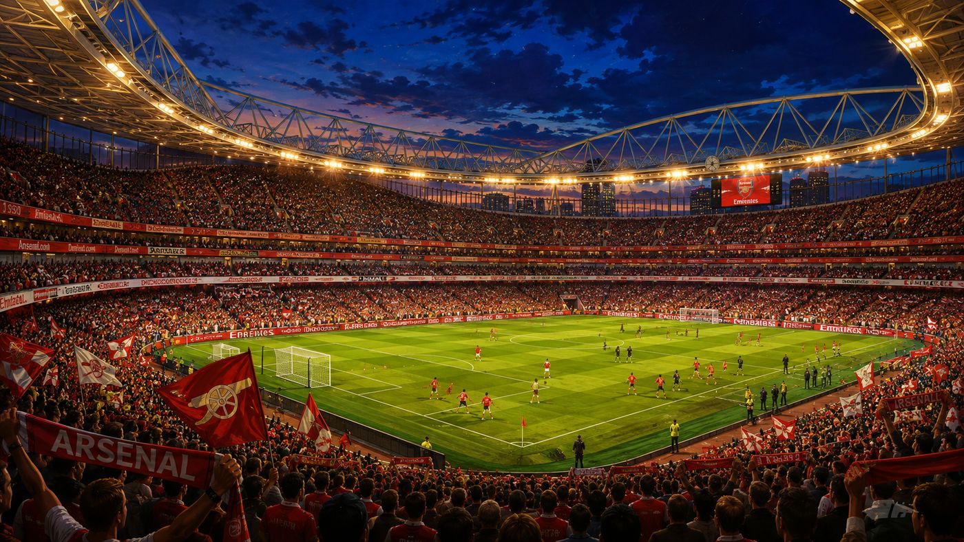 Emirates Stadium in north London packed with Arsenal fans for an opening day Premier League match, the pitch gleaming under the floodlights