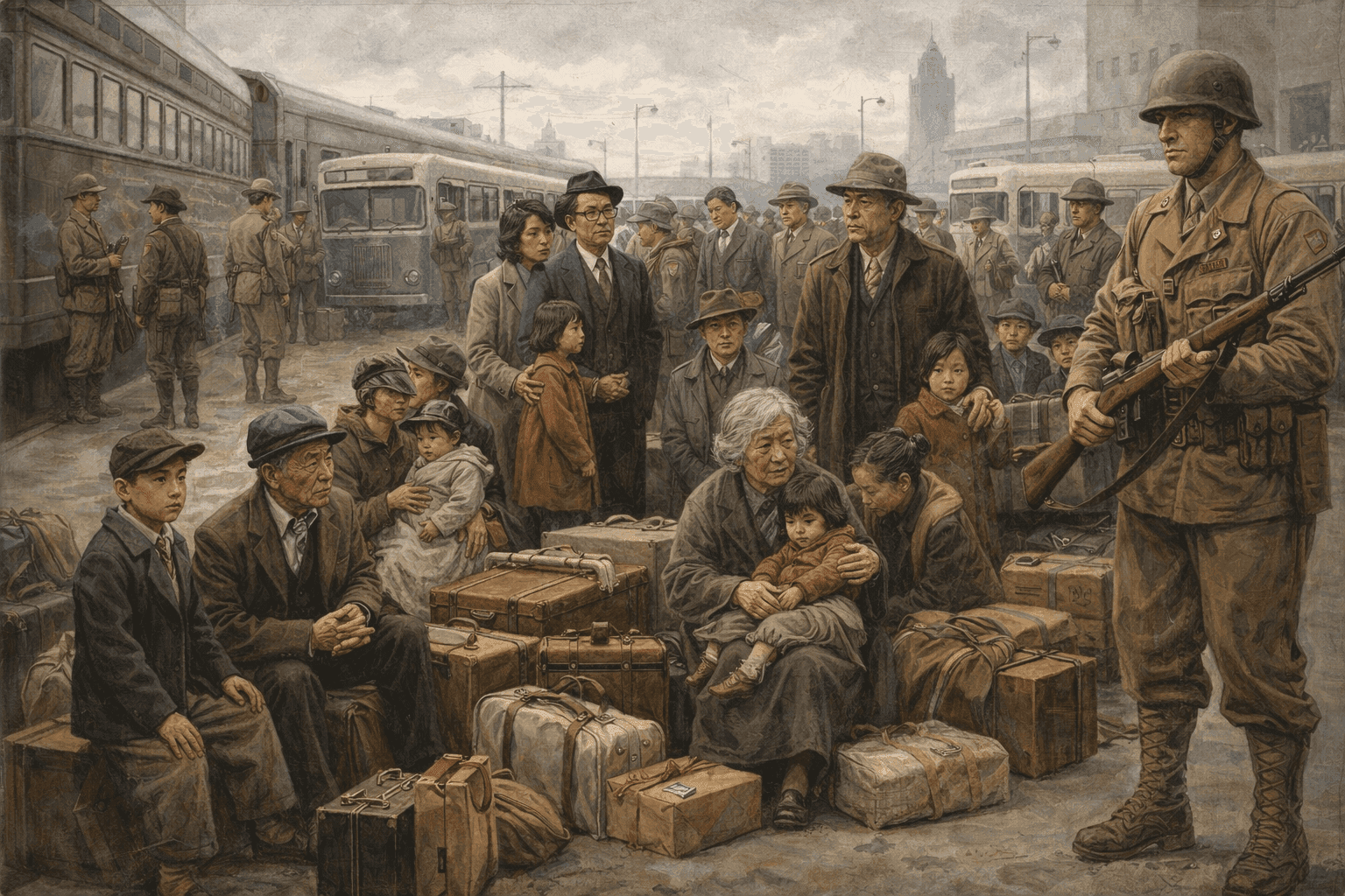 Japanese American families being relocated to internment camps with luggage and belongings waiting for transportation in 1942