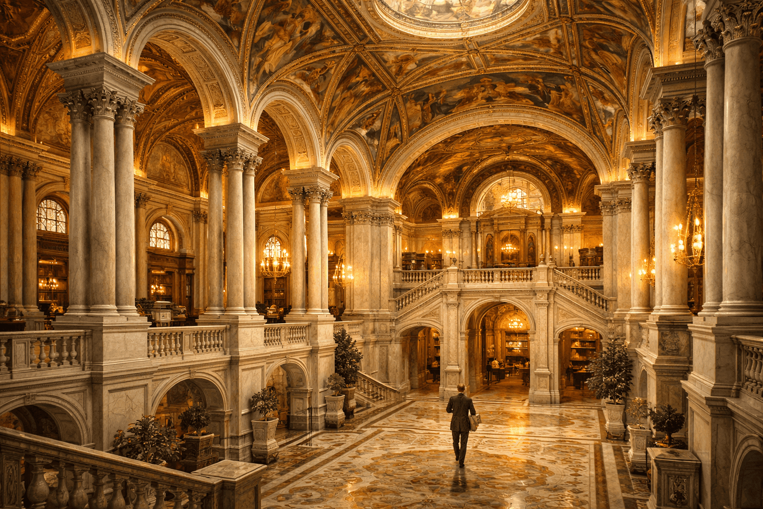 The ornate Great Hall of the Library of Congress Thomas Jefferson Building with its soaring decorated ceiling and marble columns