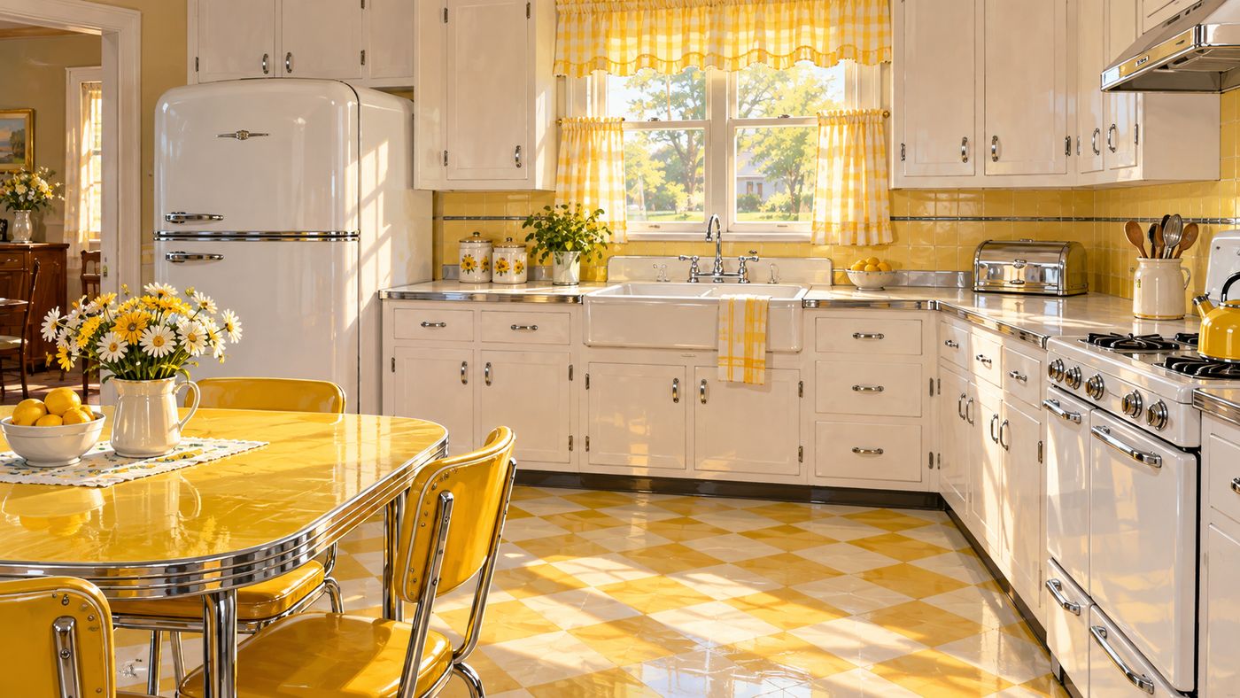 A painterly illustration of a 1950s American kitchen interior — gleaming white appliances, chrome fixtures, a linoleum floor in geometric pattern, morning light coming through a window above the sink, the optimistic domestic aesthetic of postwar America