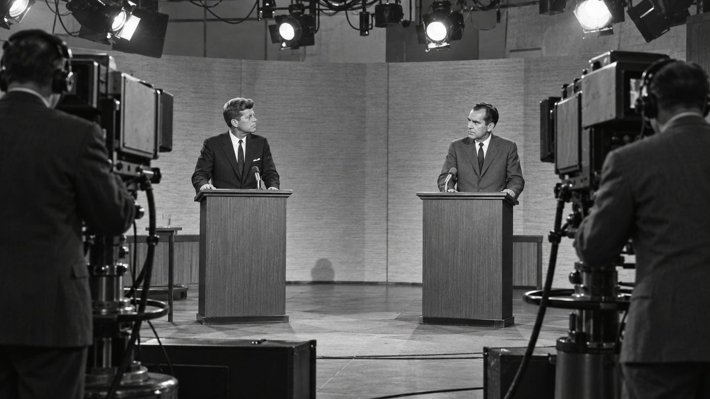 A 1960s television studio with two candidates at podiums facing each other under bright studio lights, cameras visible in the foreground, the formal debate set