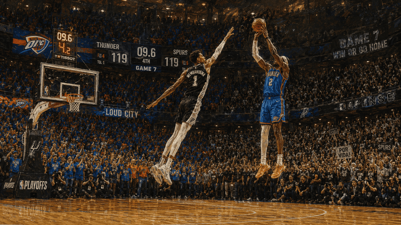A basketball player rises for a shot in a packed arena during a Game 7, the crowd on its feet, everything compressed into one moment