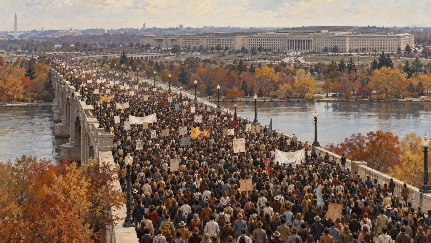 A painterly illustration of a massive 1960s protest march crossing a wide bridge toward a monumental government building — thousands of figures stretching back across the bridge, banners and signs visible among the crowd, a pale autumn sky above