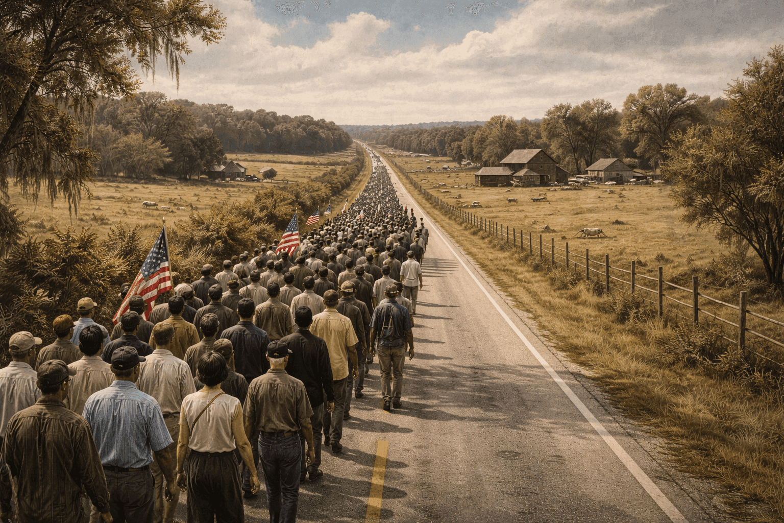 Historical illustration of Alabama landscape with rural highway stretching through countryside