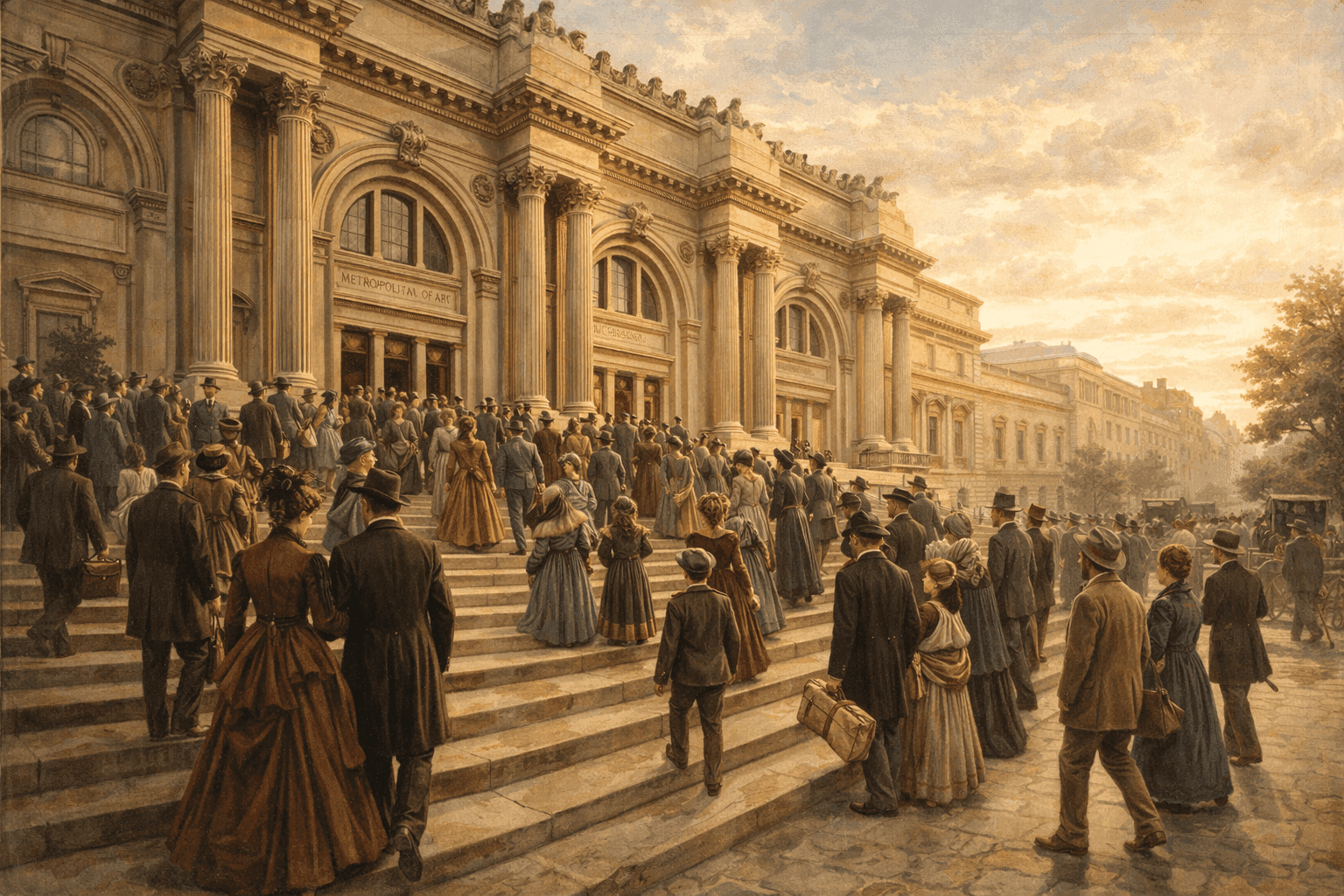 Elegant historical illustration of the Metropolitan Museum of Art's grand entrance with visitors ascending the iconic steps