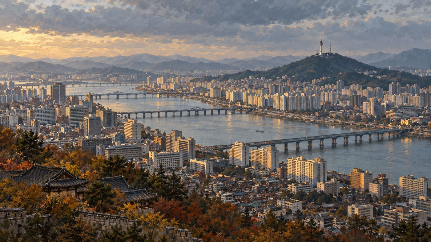 A painterly illustration of the Seoul skyline in the late 1970s — the Han River curving through the city, modern high-rise buildings rising on both banks, the mountains surrounding the capital visible in the distance under an overcast sky