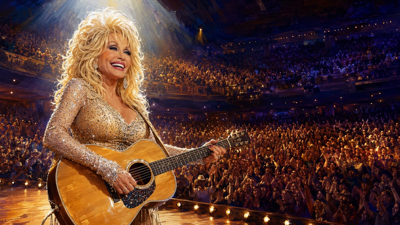 Dolly Parton performing on stage, radiant in rhinestones, her iconic smile lighting up the arena around her