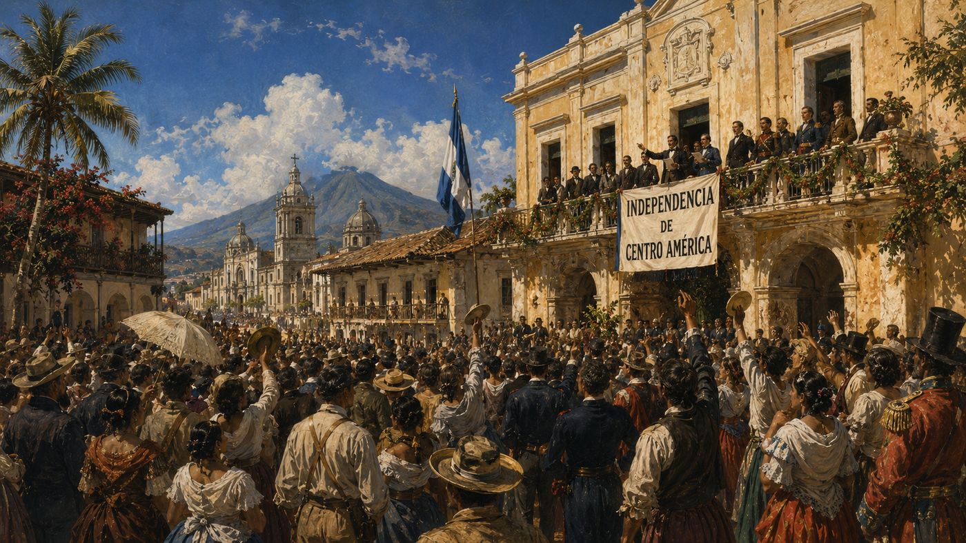 A Central American colonial city plaza in 1821, a crowd gathered before a government building as an official declaration is announced, the scene one of historic celebration