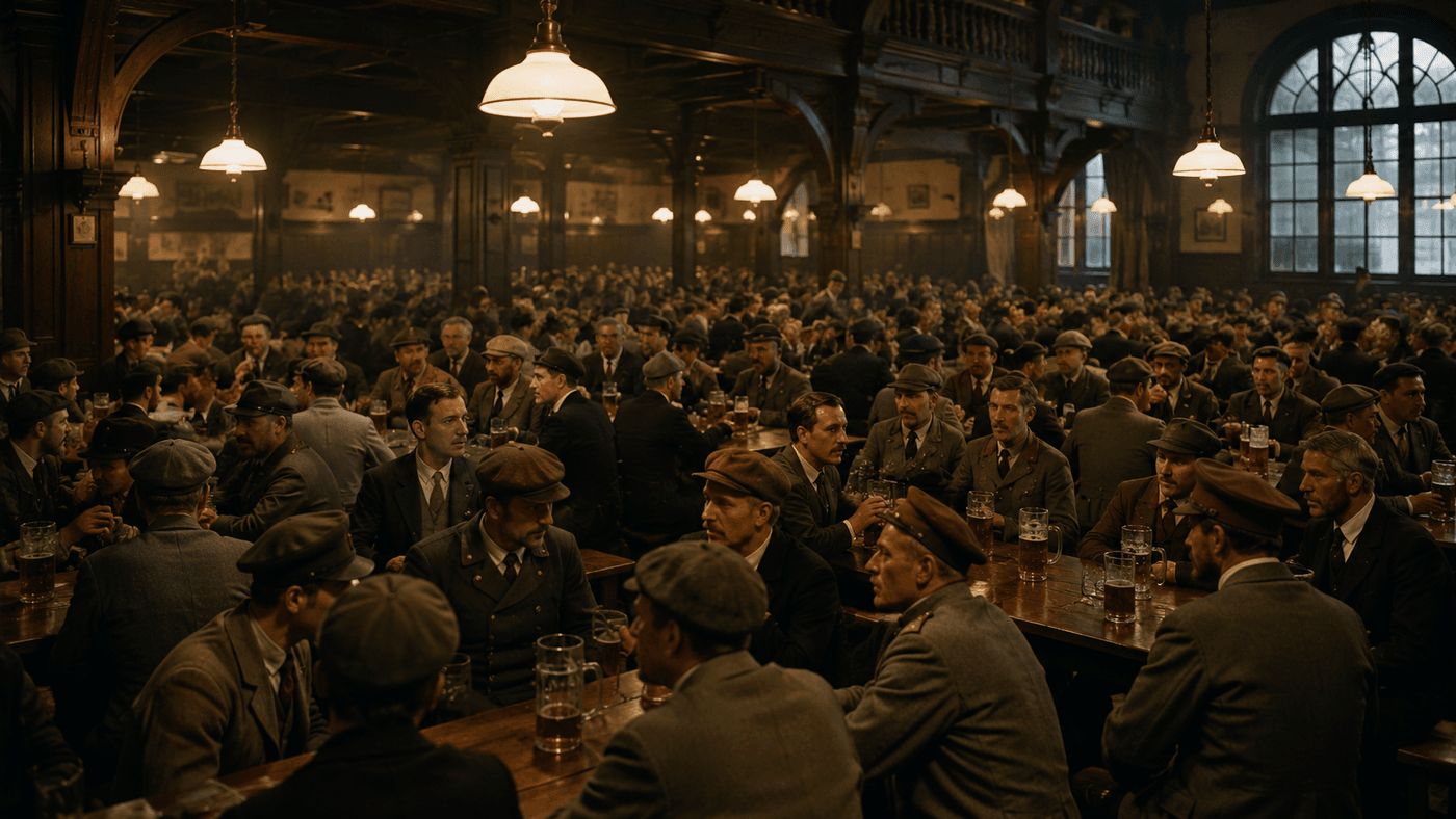 A crowded 1920s Munich beer hall interior with rows of men in period dress gathered around long tables, a speaker at a podium in the background