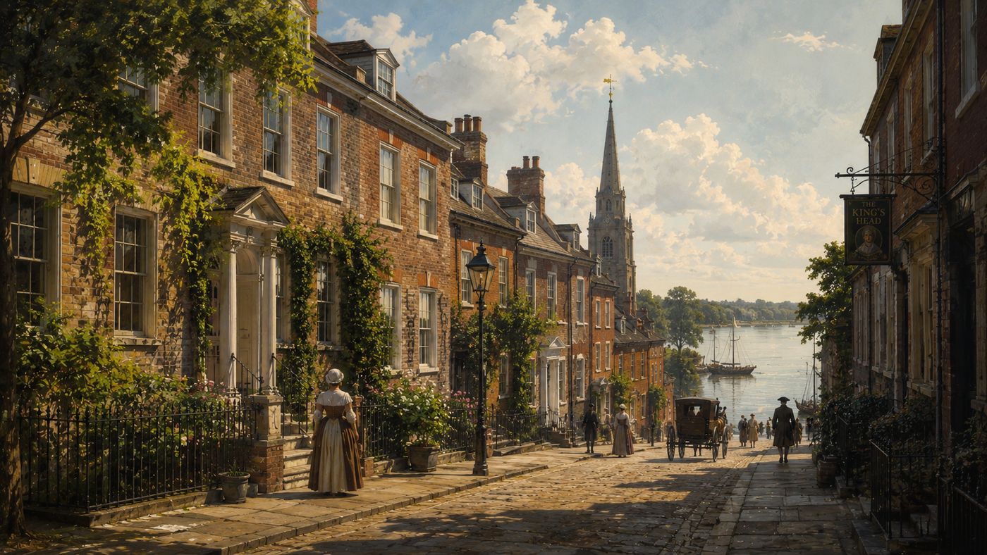 A prosperous 18th century English market town street in summer, Georgian brick houses lining a quiet road beside the Thames
