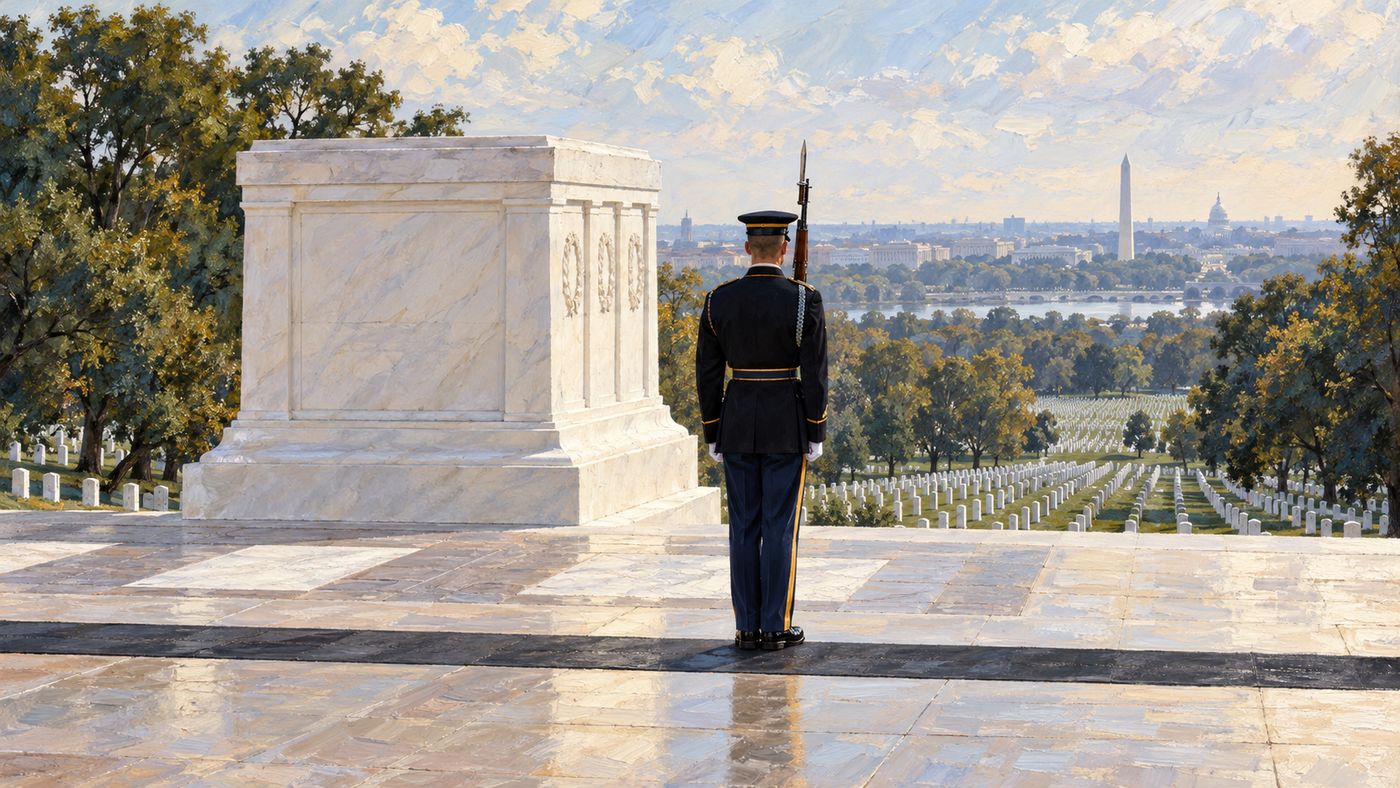 A painterly illustration of the Tomb of the Unknown Soldier at Arlington National Cemetery — the white marble sarcophagus on its terrace overlooking the cemetery, a sentinel in dress uniform at attention, the Washington skyline faint in the distance