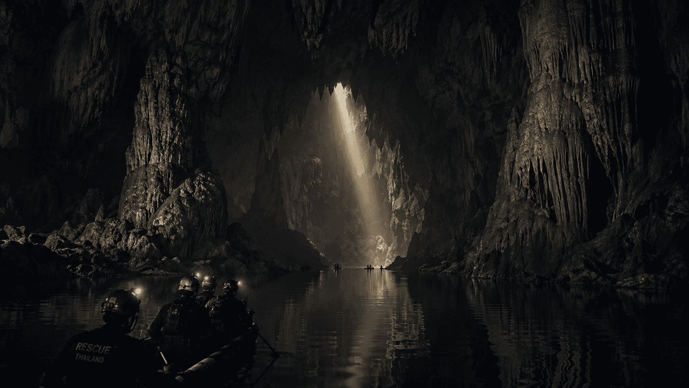 A dramatic limestone cave interior with shafts of light piercing deep darkness and reflections in still underground water