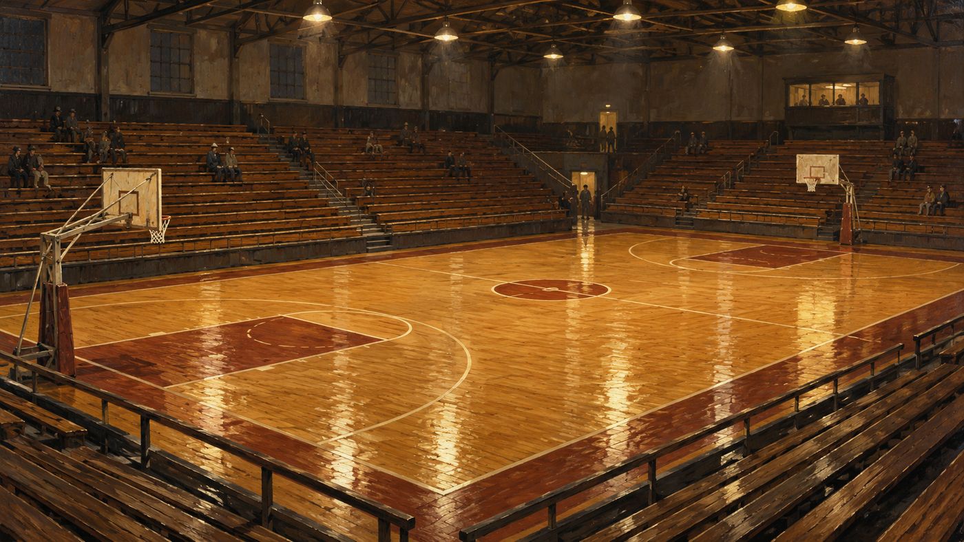 A painterly illustration of a 1950s professional basketball arena — a wooden court under overhead arena lights, modest bleacher seating surrounding the floor, the intimate scale of early NBA venues before the sport became a global phenomenon