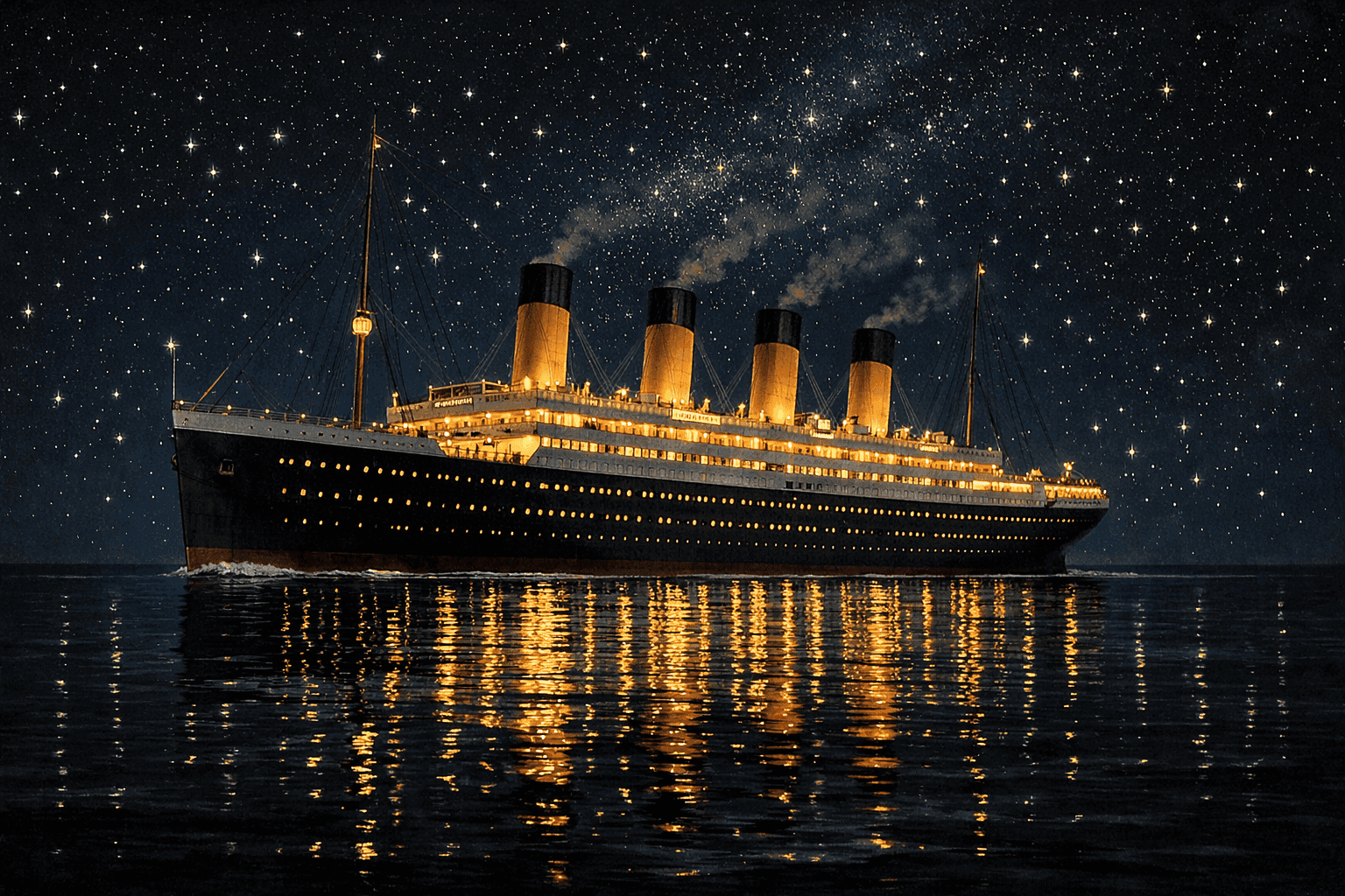 The RMS Titanic steaming at full speed through the North Atlantic under a dark starlit sky on its maiden voyage