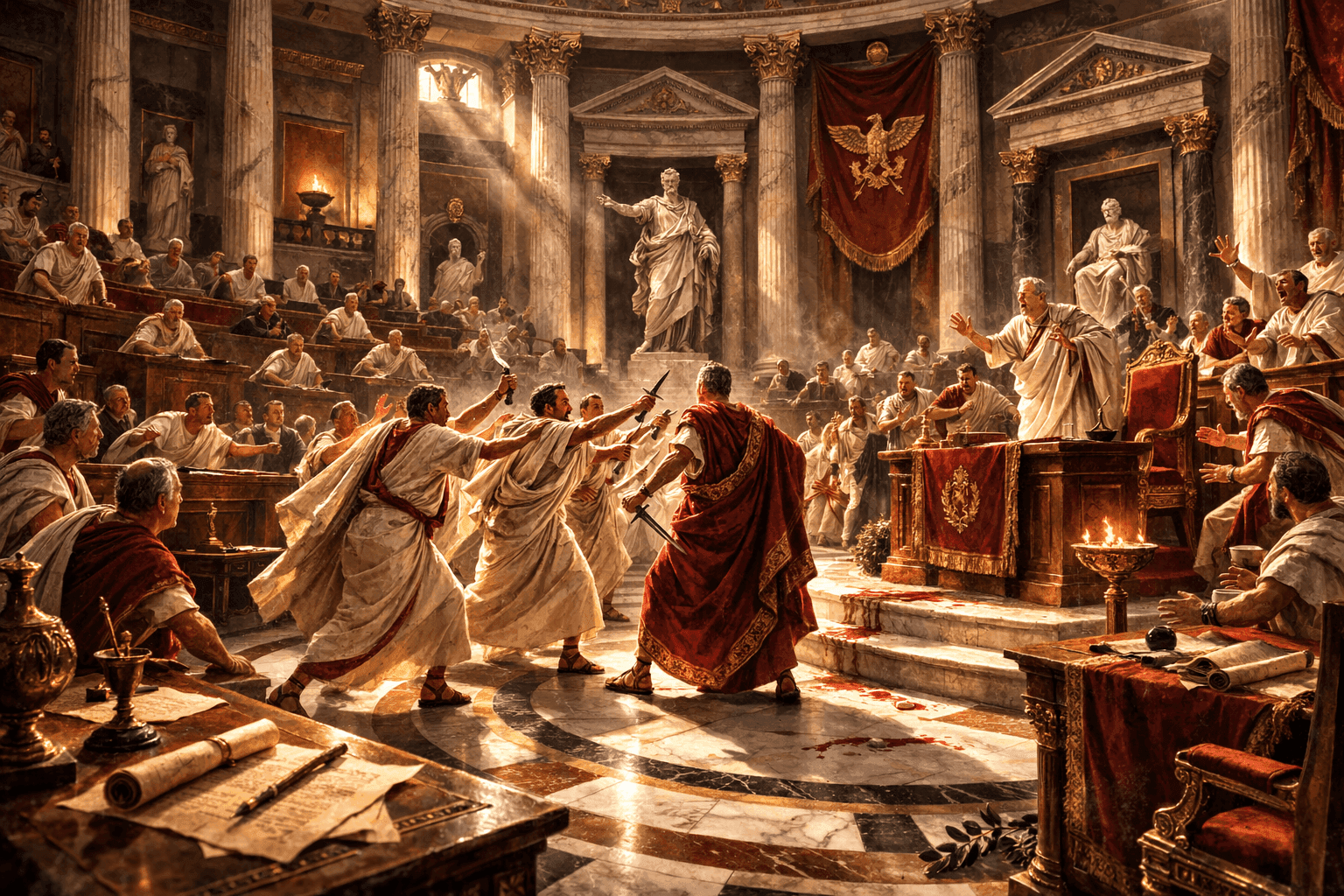 Historical illustration of ancient Roman Senate chamber with classical architecture and columns